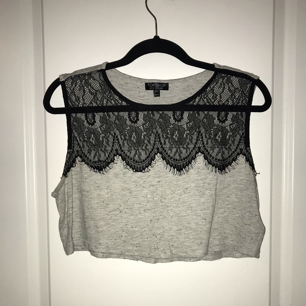Topshop Lace Crop Top - Gray With Black Lace